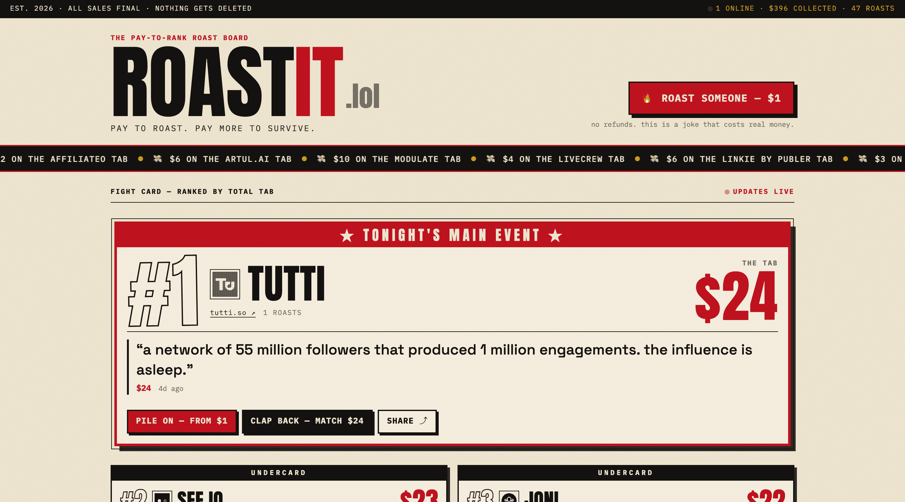 roastit.lol landing - the pay-to-rank roast board and tonight's main event