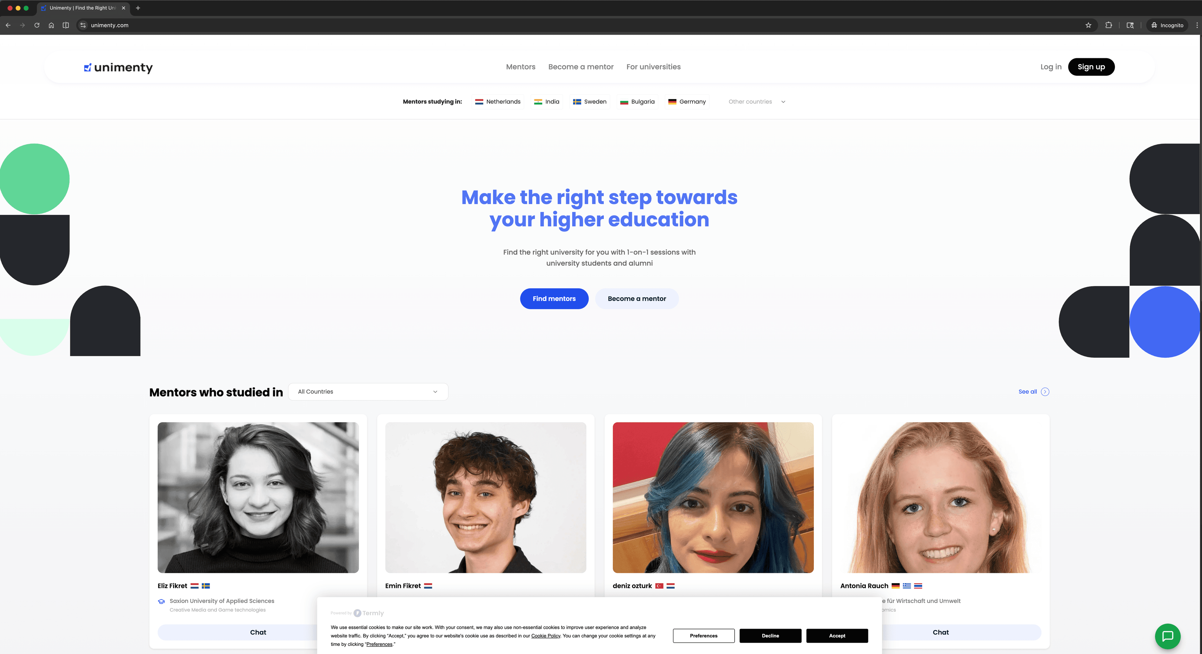 Unimenty landing page - Find mentors from your target universities
